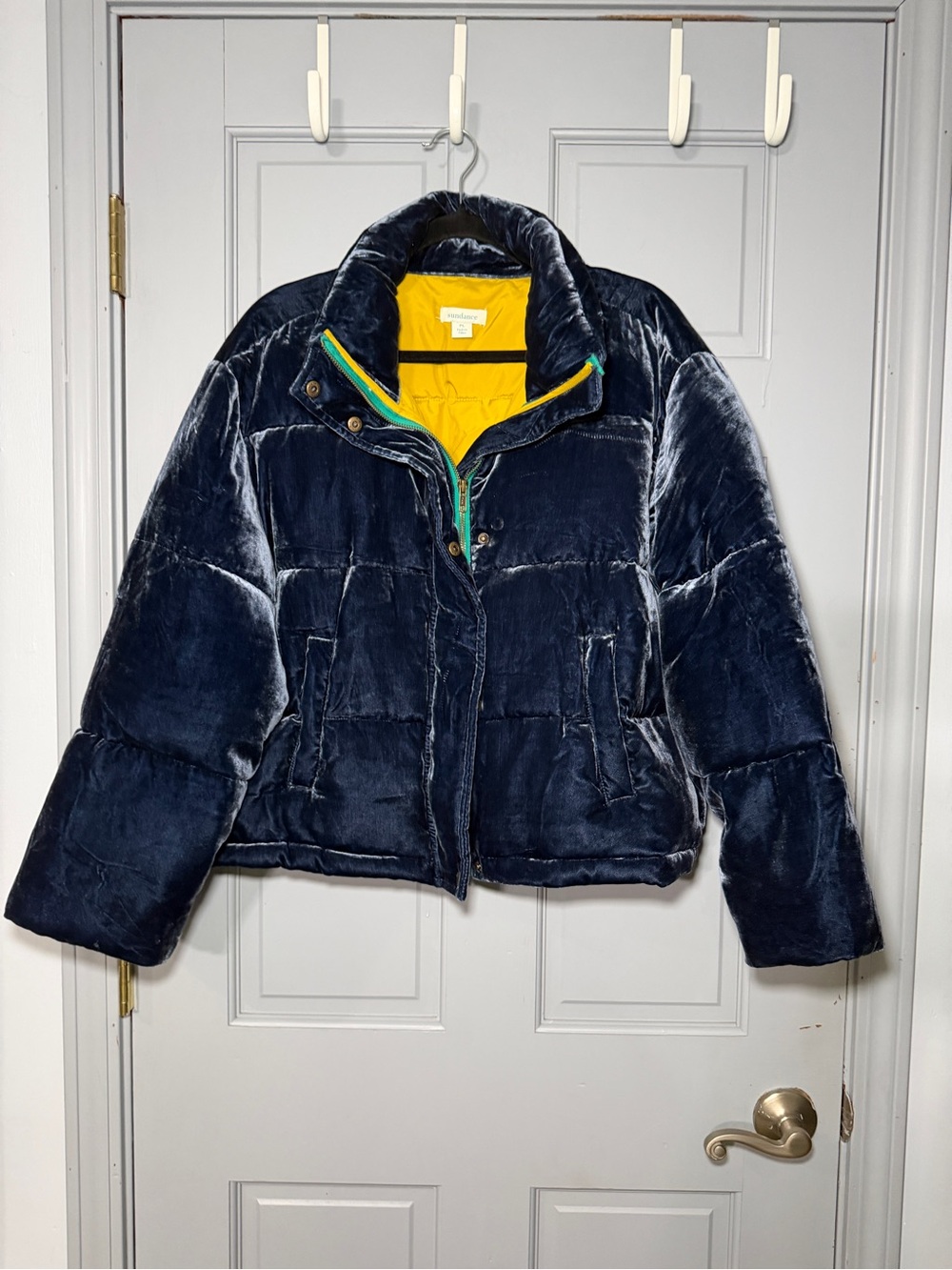 Sundance silk blend Velvet Navy Puffer Bright Yellow Lining petite large or crop